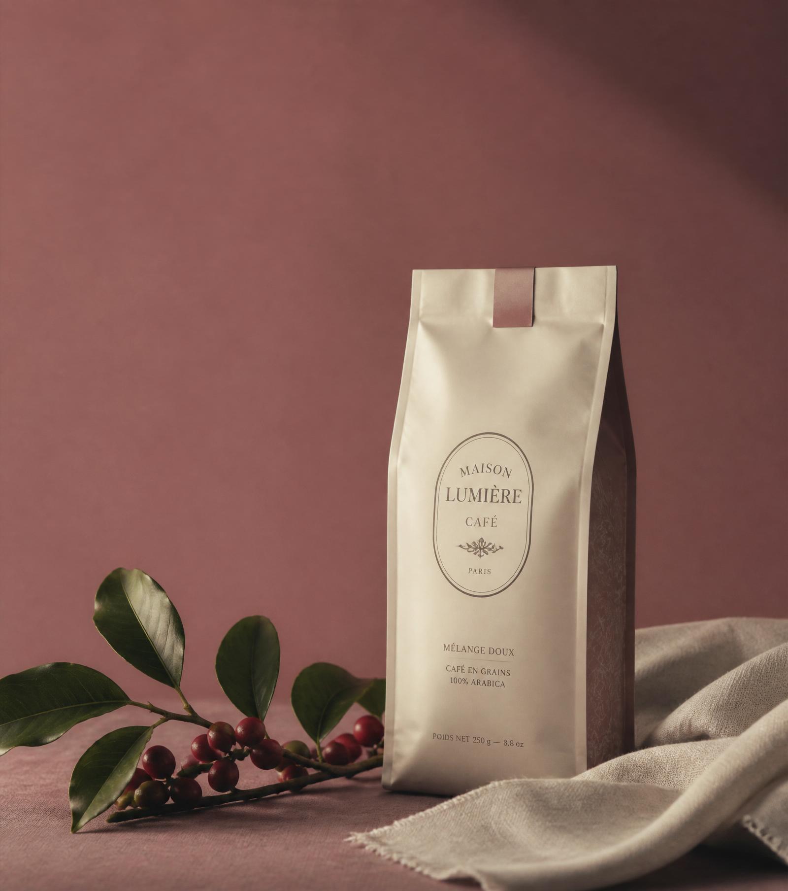 A single Kabiite coffee bag on dusty rose linen with a coffee-cherry branch